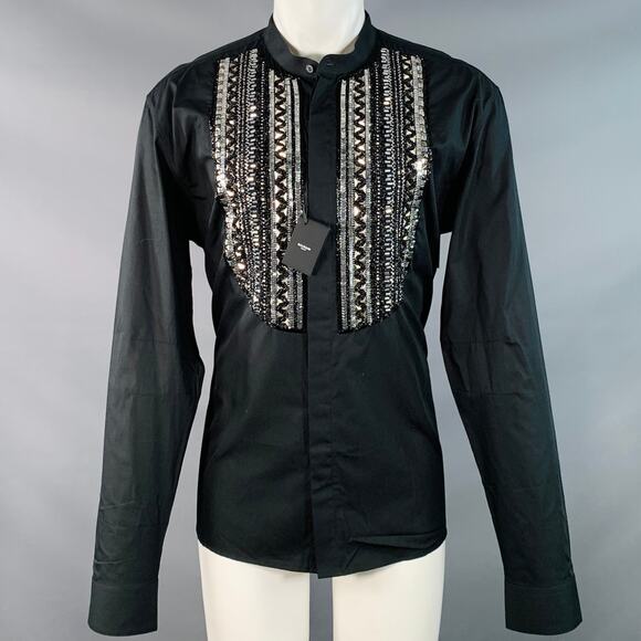 BALMAIN Size XS Black Silver Beaded Bib Nehru Collar Long Sleeve Shirt - Picture 1 of 8